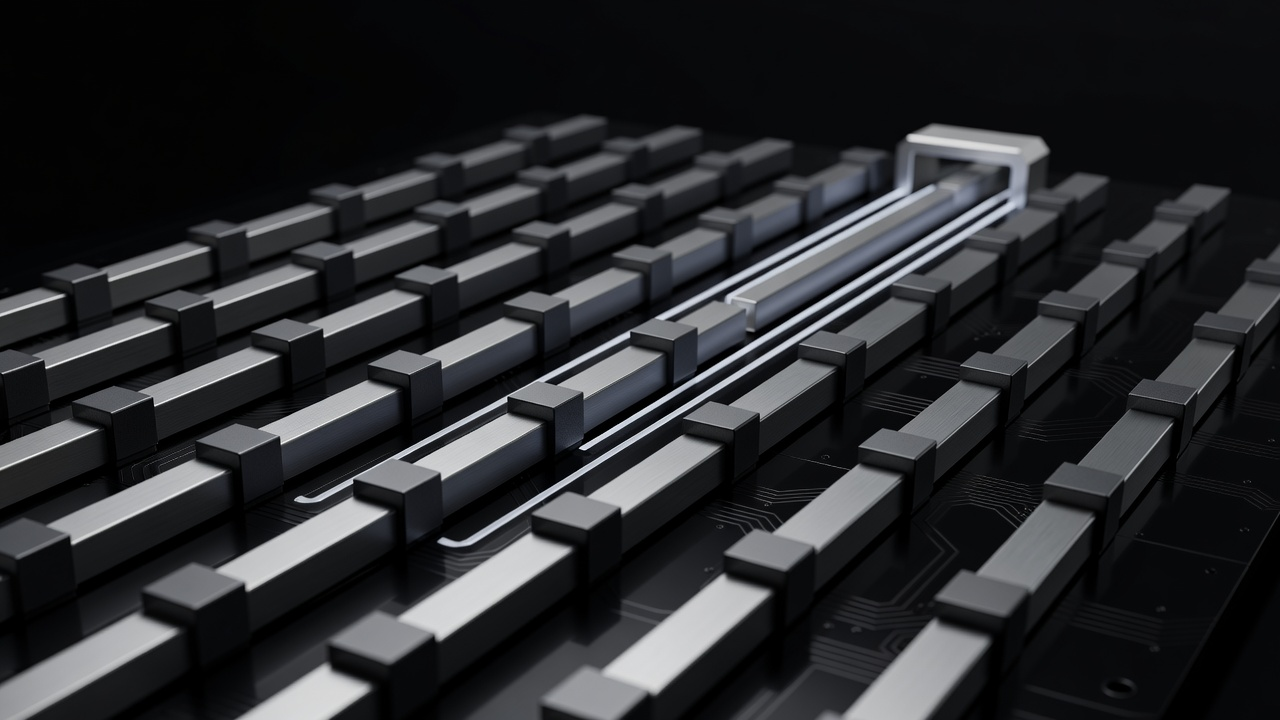 Parallel metallic execution rails converging at a synchronization gate